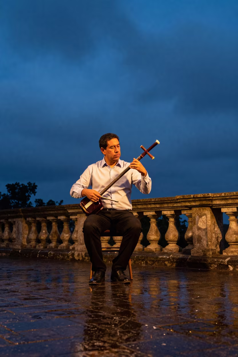 Erhu Player Under Warm Light on Santiago Bridge in at a street corner busking spot in Cerro Santa Lucia, Santiago