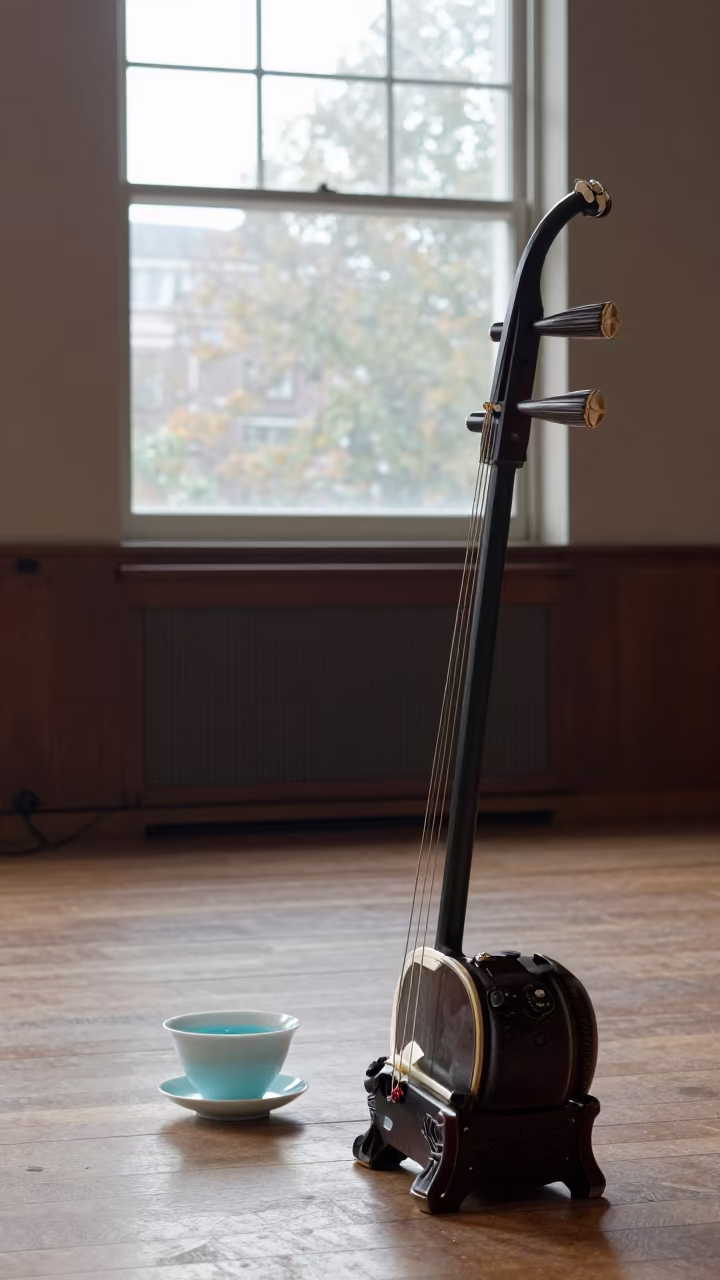 Erhu on Stand Amid Giant Teacup in Amsterdam Hall in in a concert hall in Amsterdam