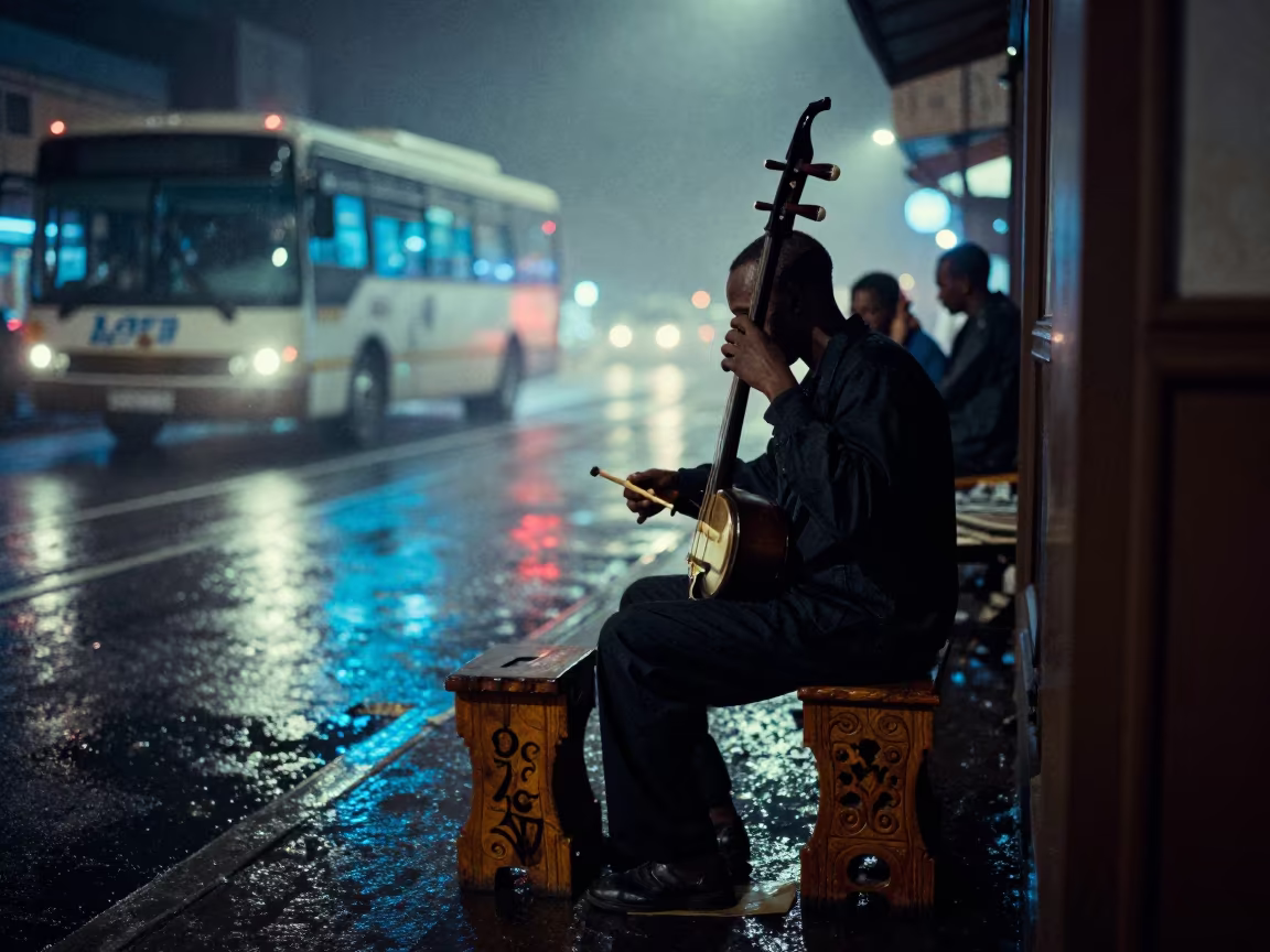 Erhu on Stand Under Neon Light Tivaouane Night in at a street corner busking spot in Tivaouane