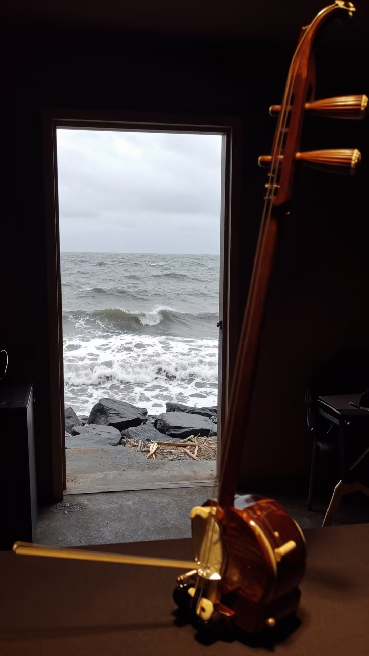 Erhu on Stand Before Ocean Doorway in at a jazz club in Macau