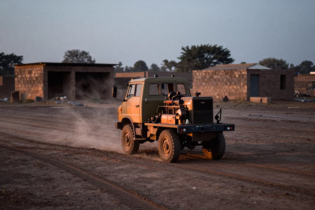 Eritrean Engine Cart Before Nightfall Rain in beside a convoy halt on open ground in Eritrea