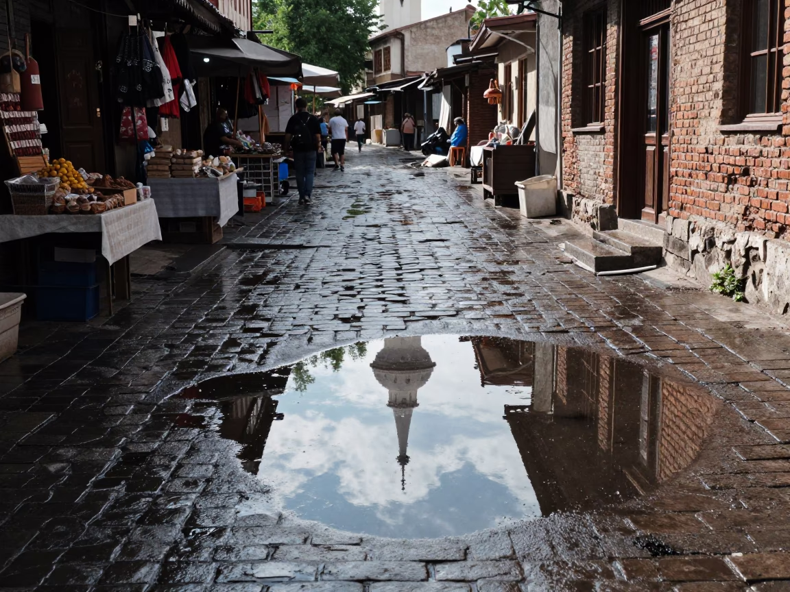Erzurum Water Tower Reflection in Street Puddle in along a market-lined side street in Erzurum