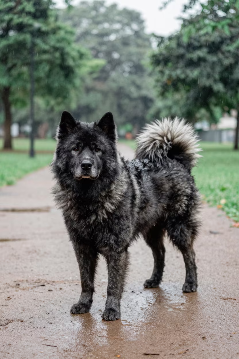 Eskimo Dog on Abuja Park Path in Rain in along a quiet park path with soft open shade and a clean background near Abuja