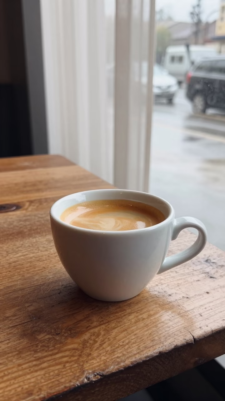 Espresso with Crema on Cafe Table Tuni in on a small cafe table by a window in Tuni