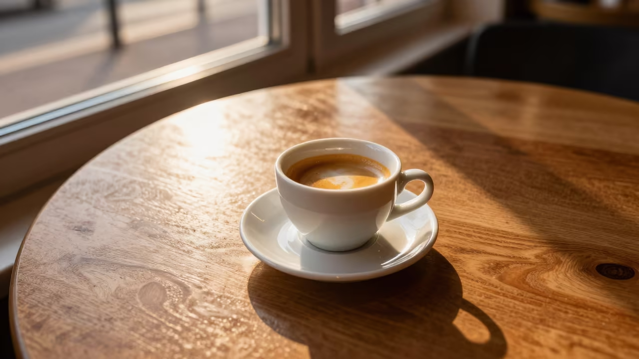 Espresso with crema in Lahti window light in on a small cafe table by a window in Lahti