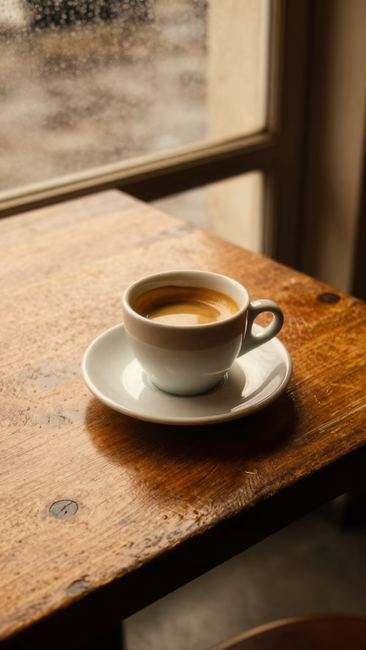 Espresso with Crema on Salvador Cafe Table in on a small cafe table by a window in Salvador
