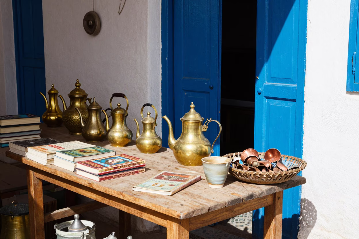 Essaouira blue door artisan workshop with tea kettle and books in in Essaouira, Morocco