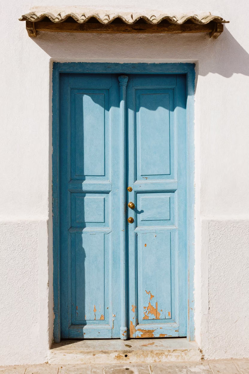 Essaouira Blue Door at The Flat Glare Of Noon Light in in Essaouira, Morocco