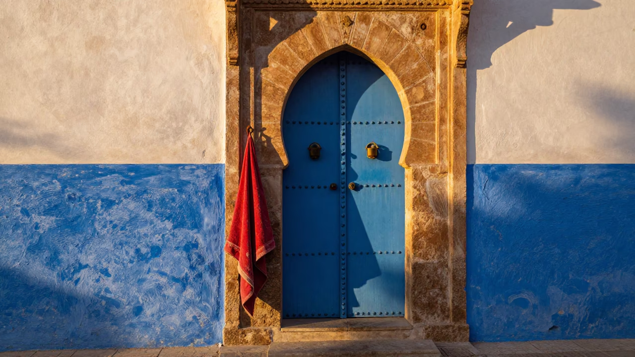 Essaouira Blue Doorway at Golden Hour in in Essaouira, Morocco