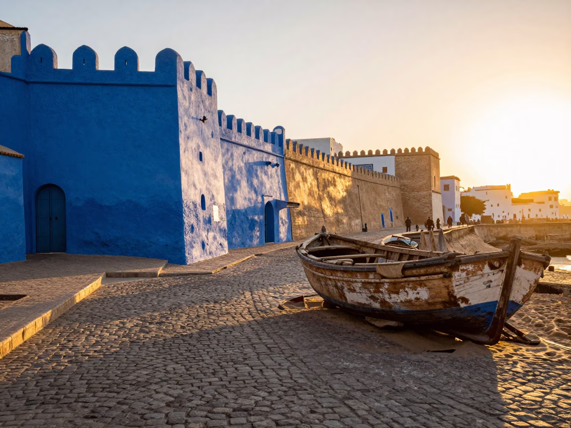 Essaouira Cobblestone Street at Sunset Light in in Essaouira, Morocco