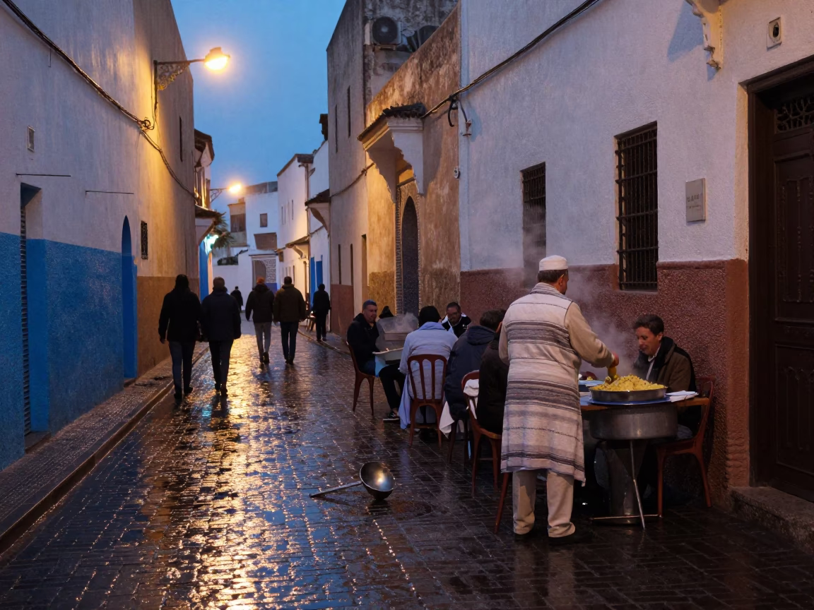 Essaouira humid twilight street scene with tea towel and ladle in in Essaouira, Morocco