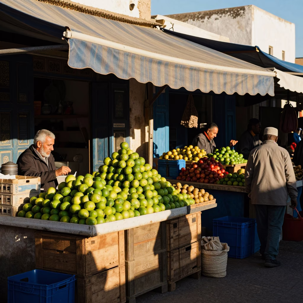Essaouira Market Scene at The Late Afternoon Light in in Essaouira, Morocco