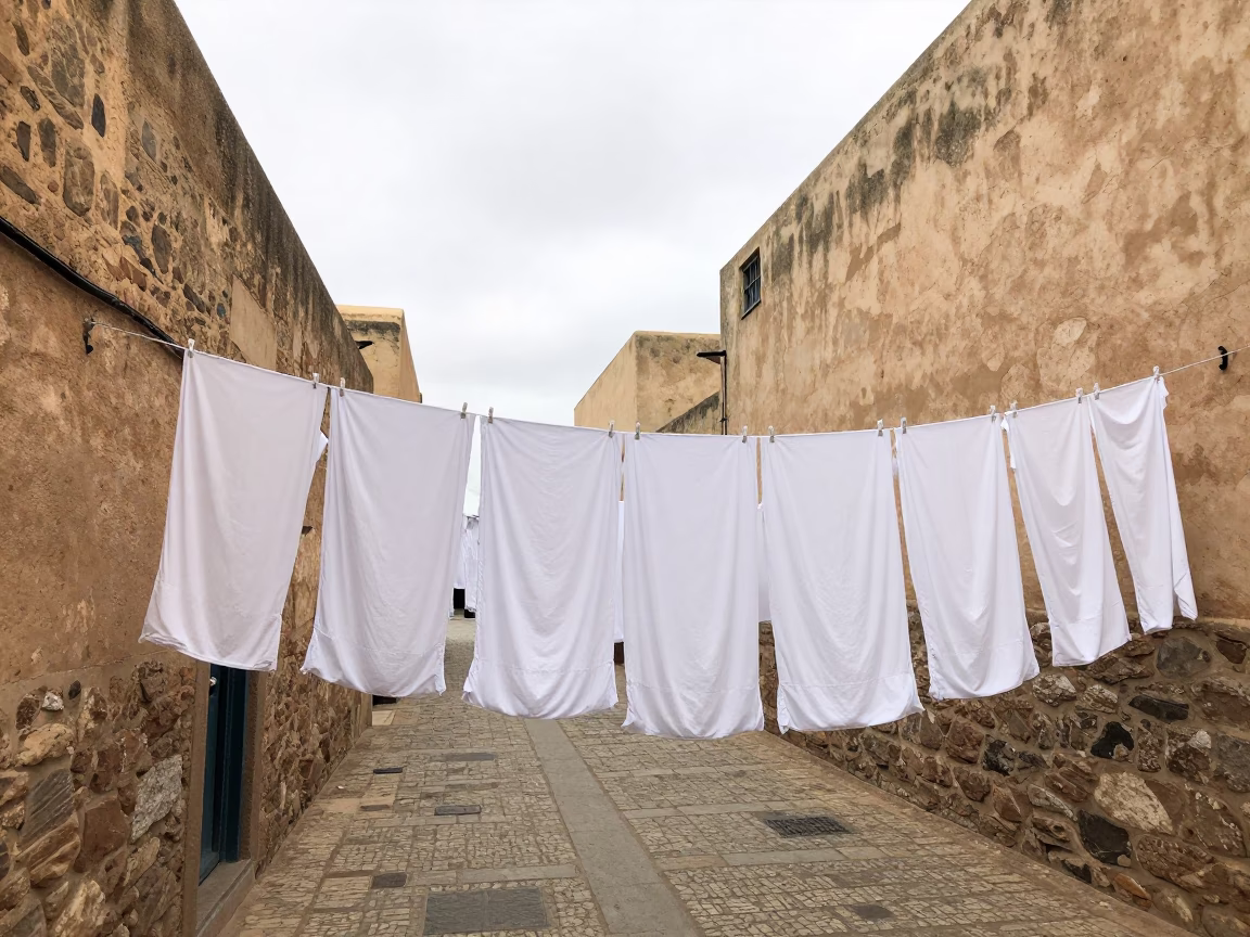Essaouira Medina Courtyard Laundry Drying on Overcast Midday Light in in Essaouira, Morocco