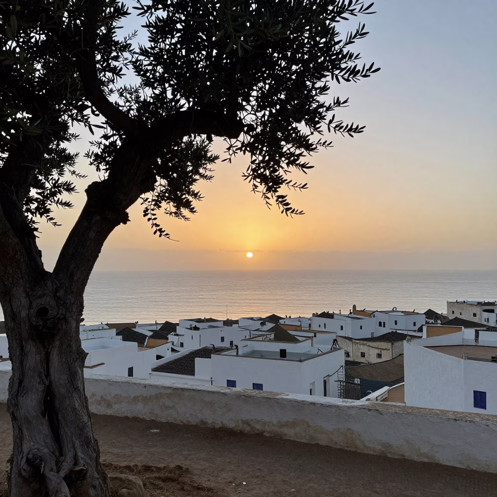 Essaouira Morocco Atlantic Horizon at Sunrise with Ancient Olive Tree and Coastal Fishing Village in in Essaouira, Morocco