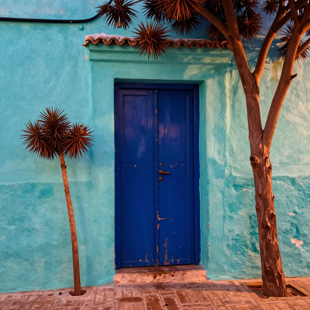 Essaouira Morocco Blue Door and Turquoise Walls in Copper Before Dusk in in Essaouira, Morocco