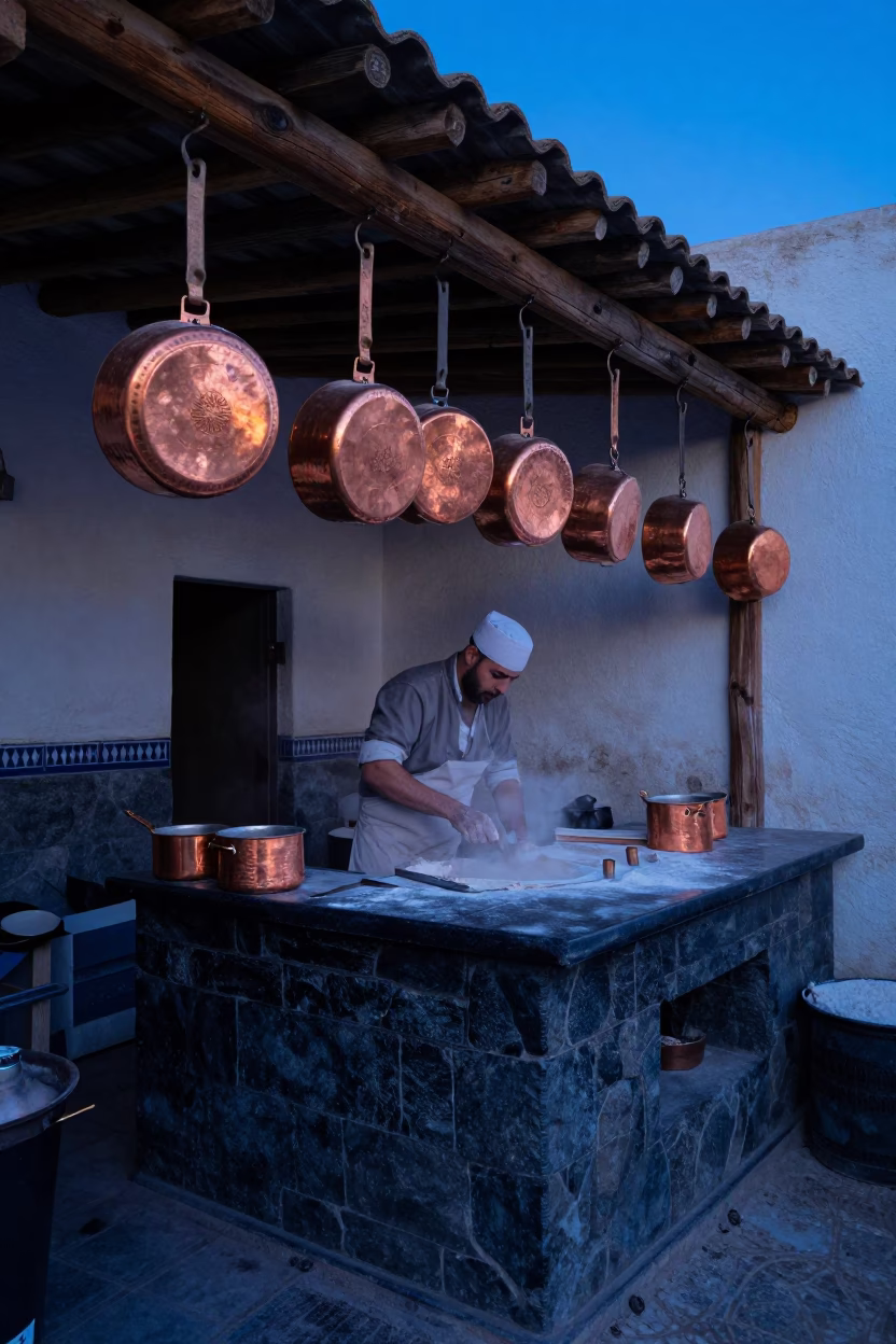 Essaouira Morocco Blue Hour Copper Pots and Flour Dust on Stone in in Essaouira, Morocco