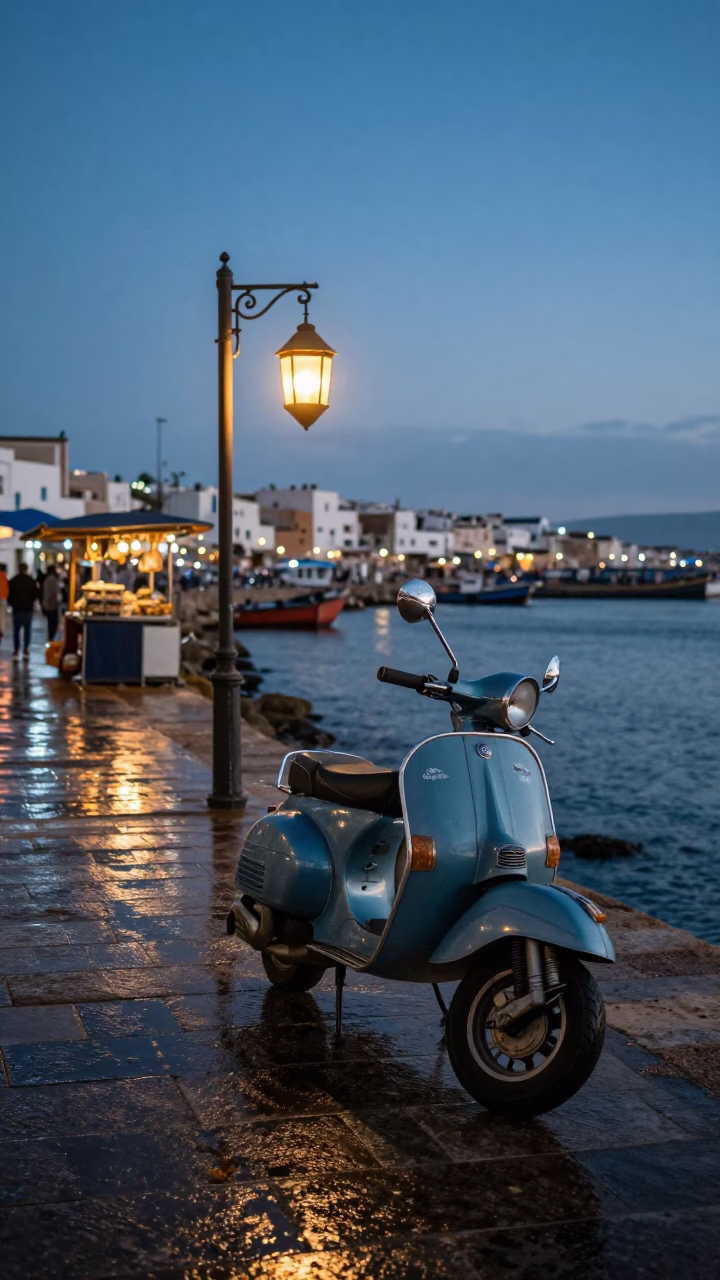 Essaouira Morocco blue hour harbor promenade scooter and lantern light in in Essaouira, Morocco