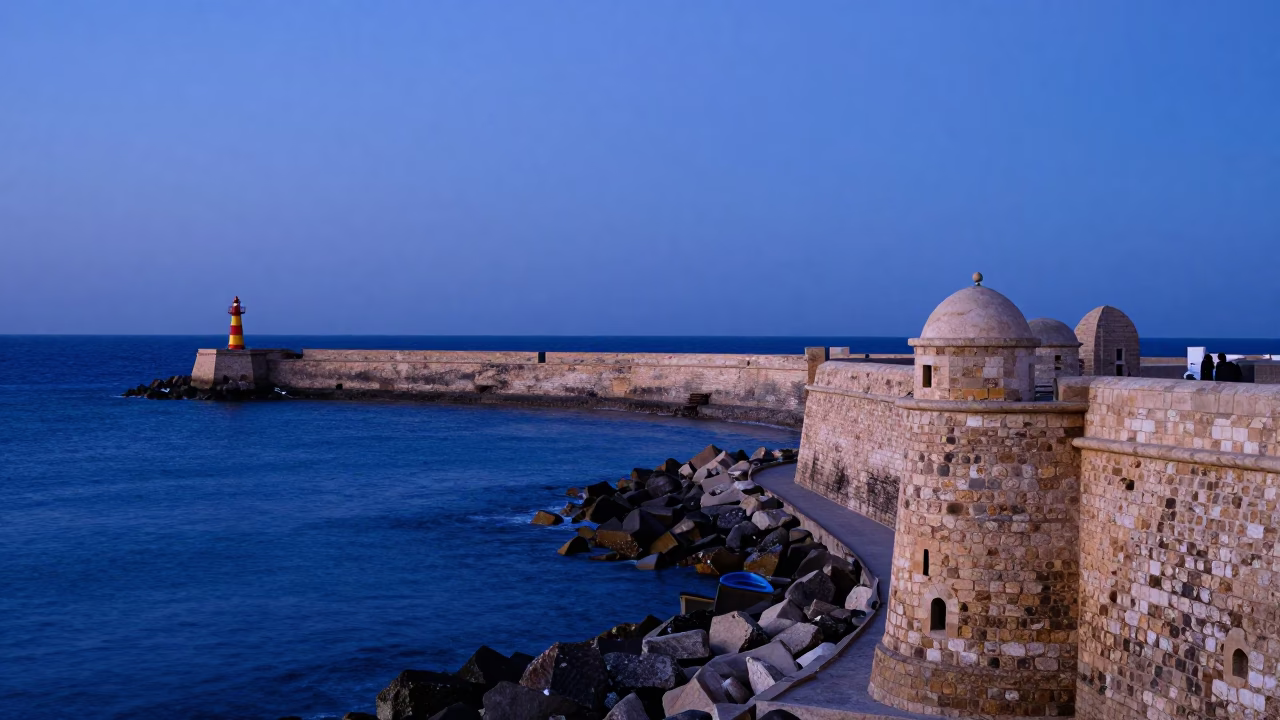 Essaouira Morocco Blue Hour Harbor Scene with Coastal Breakwater and Warning Beacons in in Essaouira, Morocco