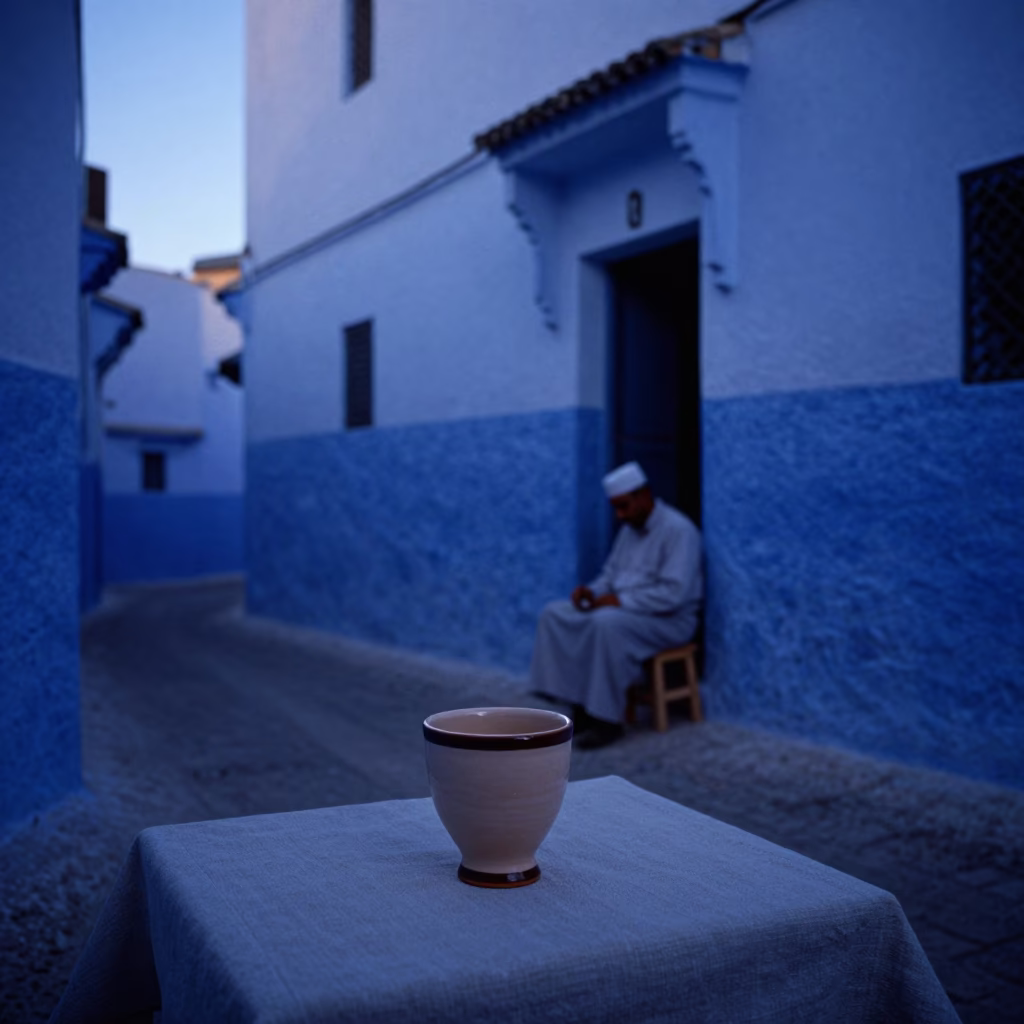 Essaouira Morocco Blue Hour Street Scene with Ceramic Cup and Linen Runner in in Essaouira, Morocco