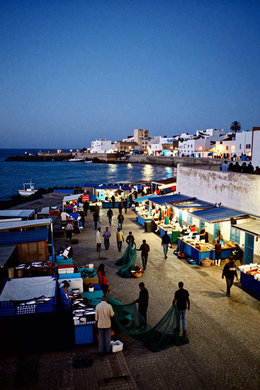 Essaouira Morocco Blue Hour Street Scene with Fish Market and Harbor Lights in in Essaouira, Morocco