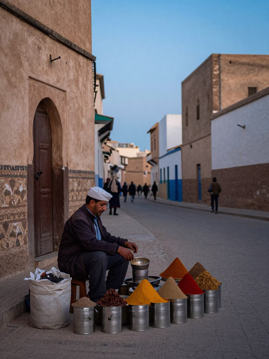 Essaouira Morocco Blue Hour Street Scene with Local Vendor and Traditional Elements in in Essaouira, Morocco