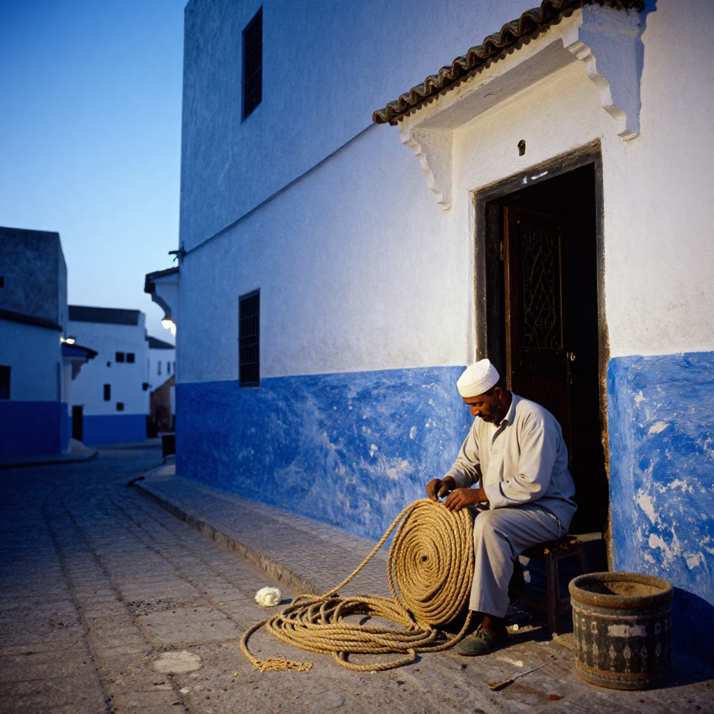 Essaouira Morocco Blue Hour Street Scene with Rope Maker and Traditional Activity in in Essaouira, Morocco