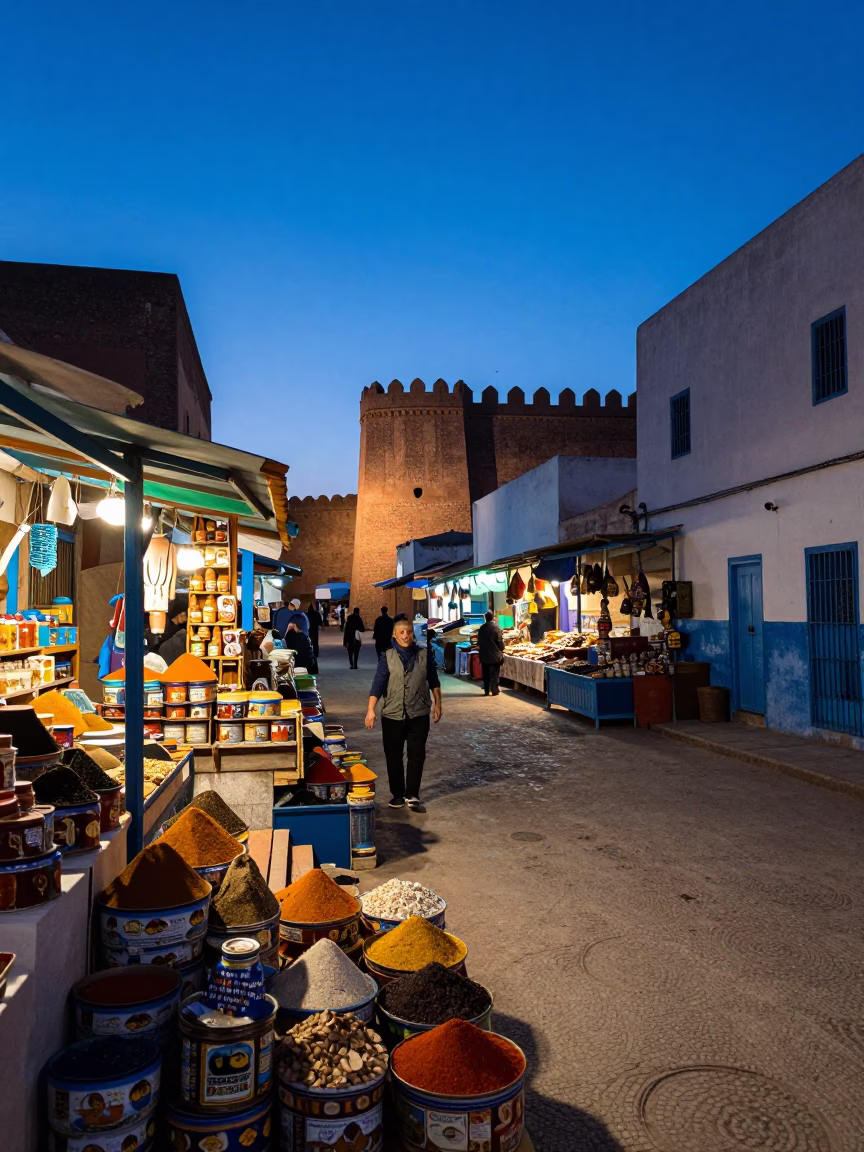 Essaouira Morocco Blue Hour Street Scene with Spice Tins and Local Market Activity in in Essaouira, Morocco