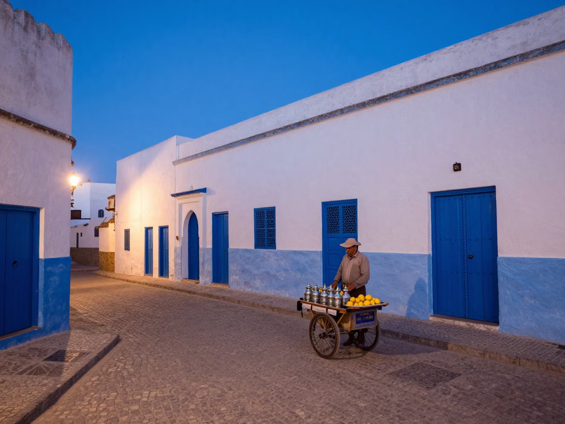 Essaouira Morocco Blue Hour Street Scene with Tea Tin and Lemons in in Essaouira, Morocco
