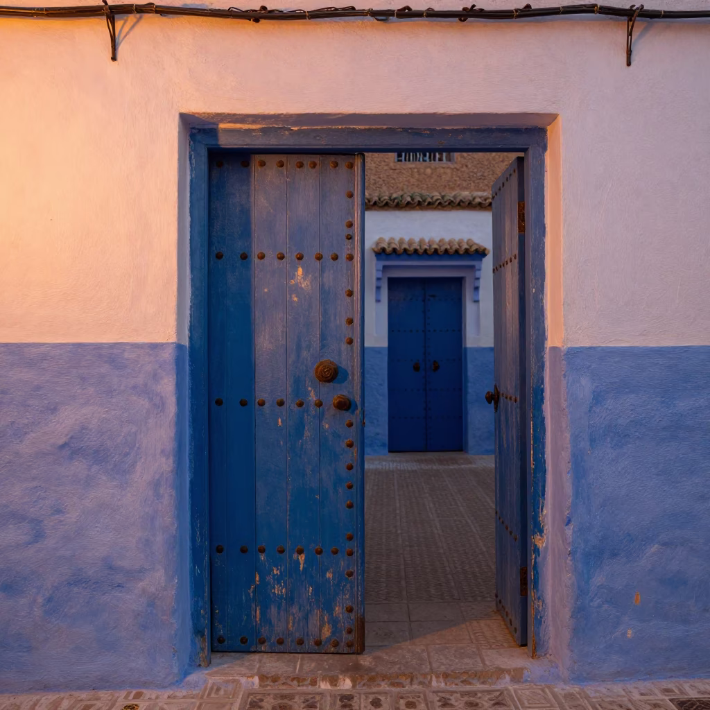 Essaouira Morocco Blue Portals and Wooden Doors in Copper Dusk Light in in Essaouira, Morocco