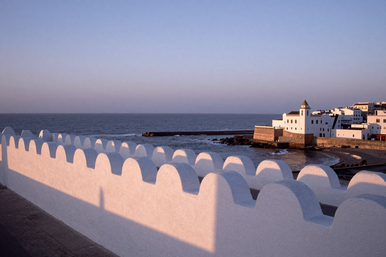 Essaouira Morocco Coastal Dawn Light on White Walls and Harbor Horizon in in Essaouira, Morocco
