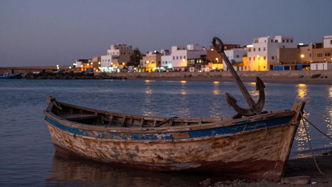 Essaouira Morocco Coastal Dusk Wooden Fishing Boat Anchor City Lights Glow in in Essaouira, Morocco