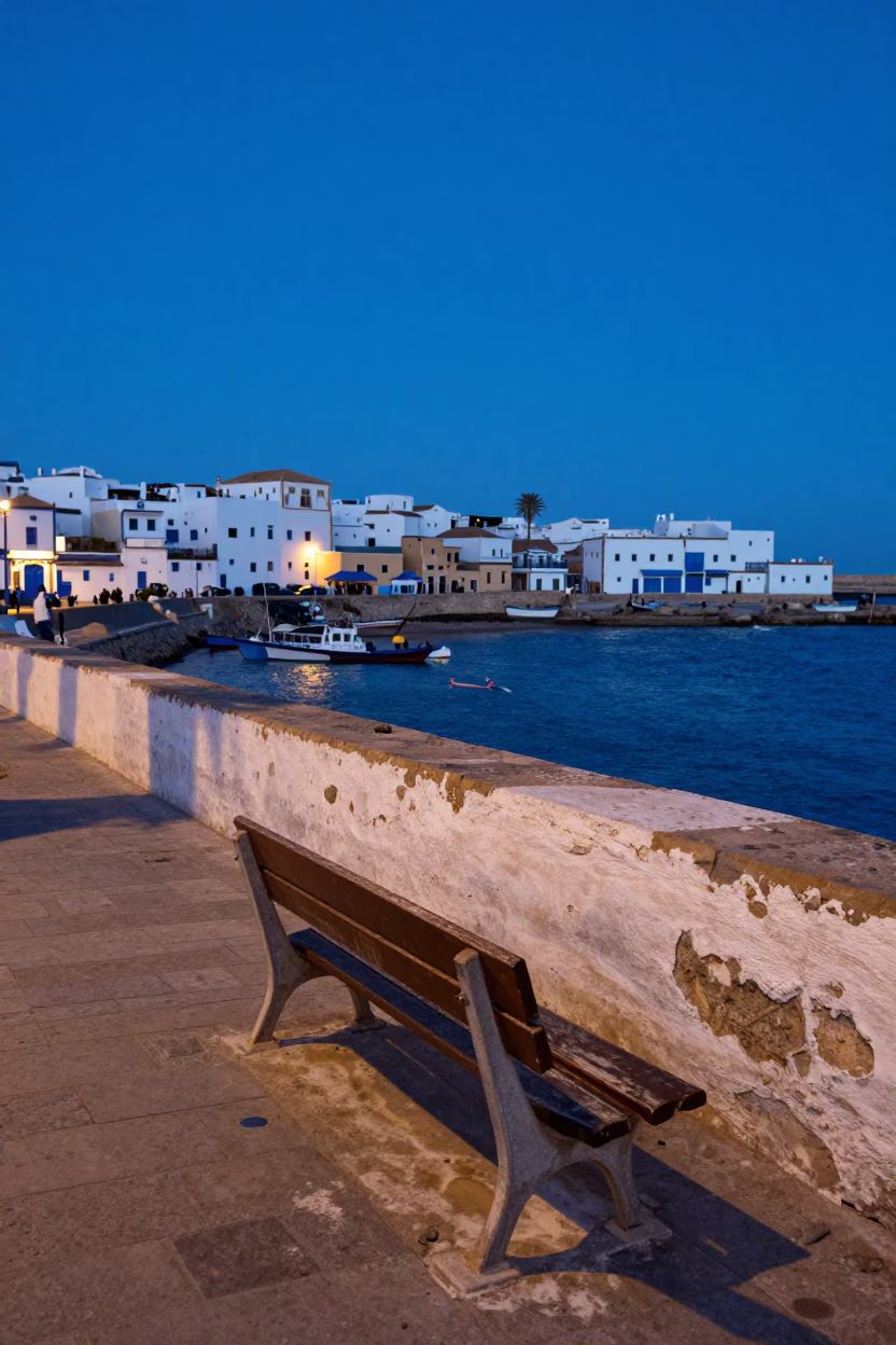 Essaouira Morocco Coastal Evening Light Blue Hour Harbor Scene in in Essaouira, Morocco