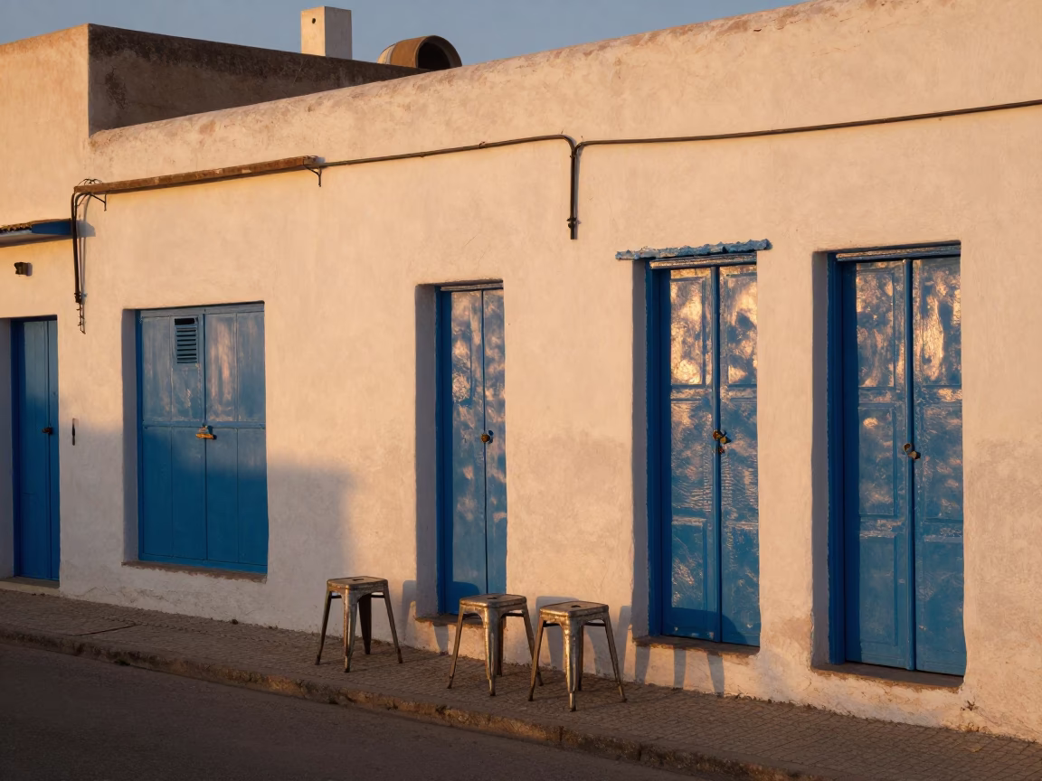 Essaouira Morocco Coastal Evening Light Over Blue Doors and Metal Stools in in Essaouira, Morocco