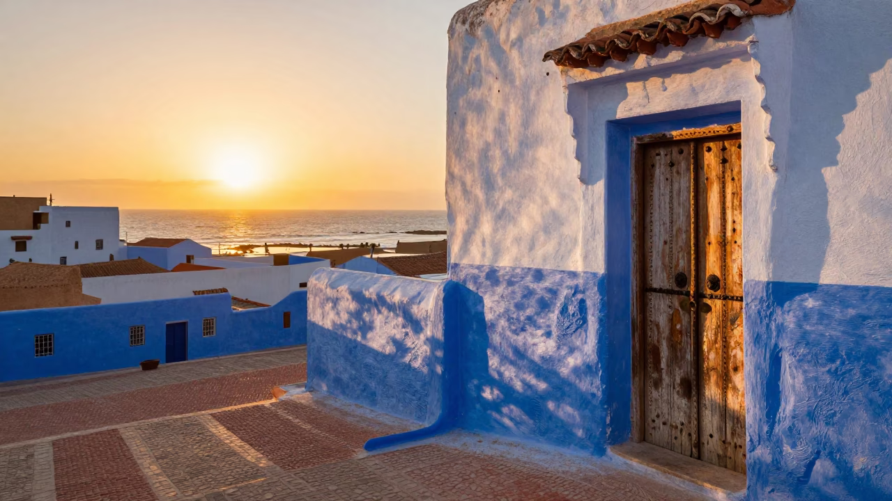 Essaouira Morocco coastal landscape at golden hour with blue painted doors and terracotta pots in in Essaouira, Morocco