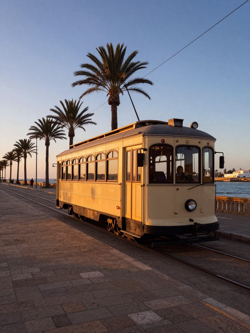 Essaouira Morocco Coastal Promenade Heritage Tram in Honeyed Evening Light in in Essaouira, Morocco
