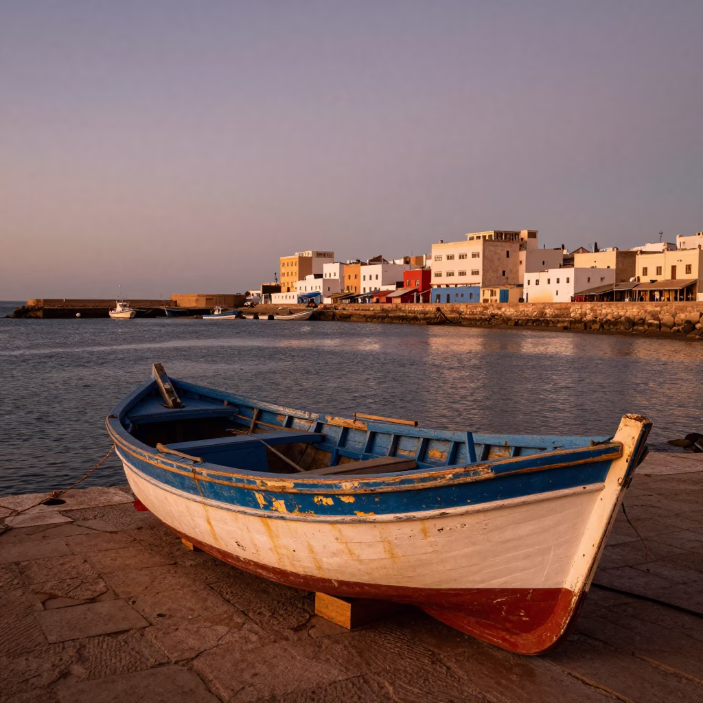 Essaouira Morocco Coastal Scene Copper Light Dusk Fishing Port Traditional Boats in in Essaouira, Morocco