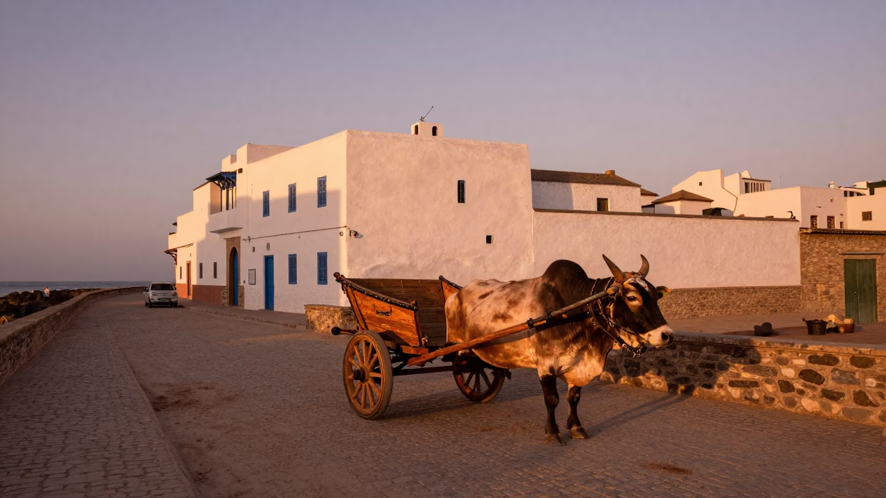 Essaouira Morocco Coastal Street Scene in Copper Toned Light Before Dusk with Ox Cart in in Essaouira, Morocco
