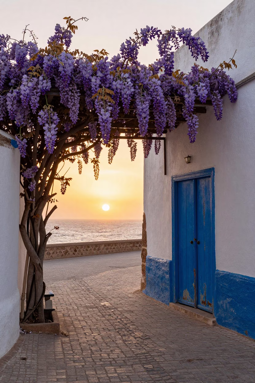 Essaouira Morocco Coastal Street Scene with Wisteria and Traditional Architecture at Sunset in in Essaouira, Morocco