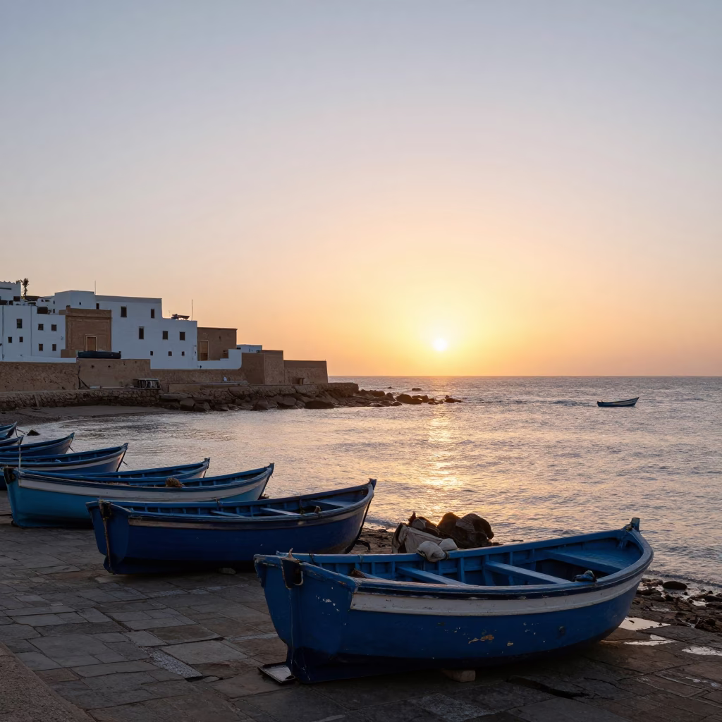 Essaouira Morocco Coastal Sunset View of Blue Fishing Boats and Traditional Architecture in in Essaouira, Morocco