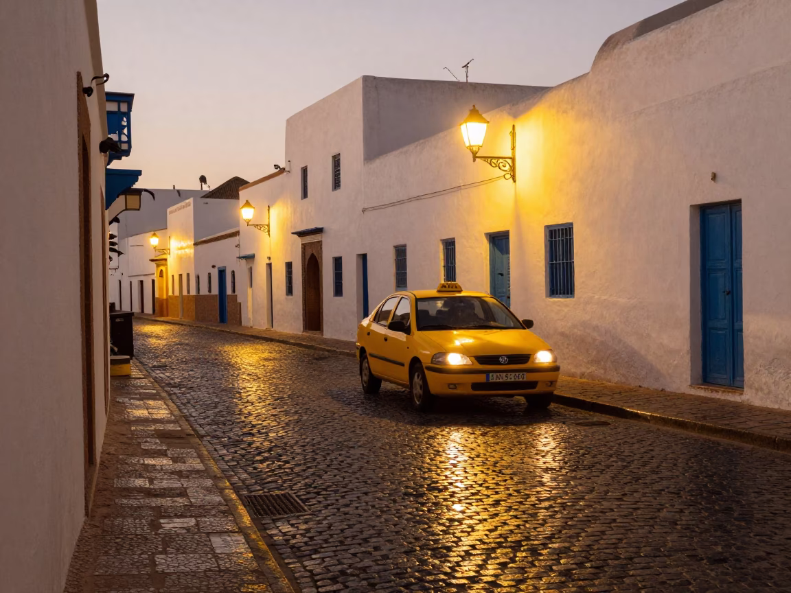 Essaouira Morocco Cobblestone Street Evening Light with Yellow Taxi and Local Craftsman in in Essaouira, Morocco