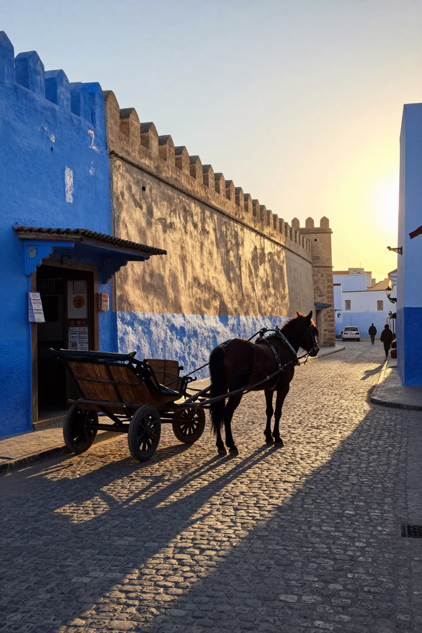 Essaouira Morocco Cobblestone Street Morning Light and Horse Drawn Cart in in Essaouira, Morocco