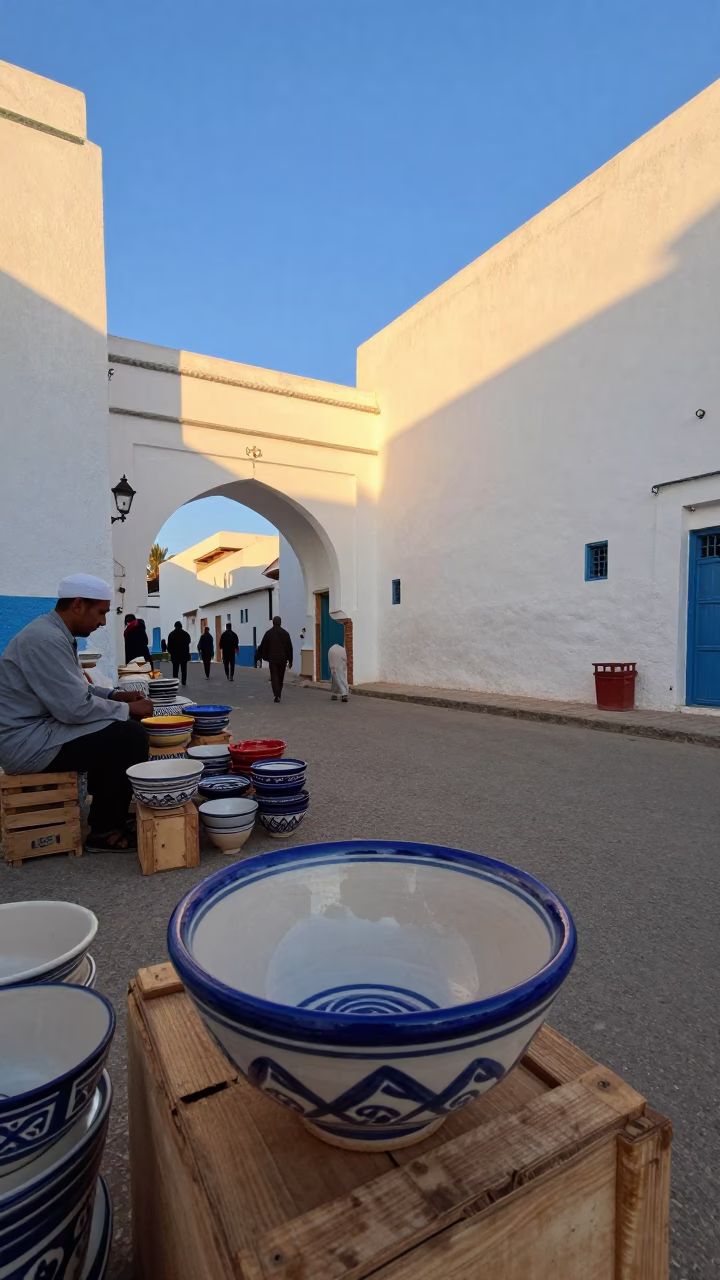 Essaouira Morocco Dawn Light and Traditional Ceramic Bowl in Coastal Market in in Essaouira, Morocco
