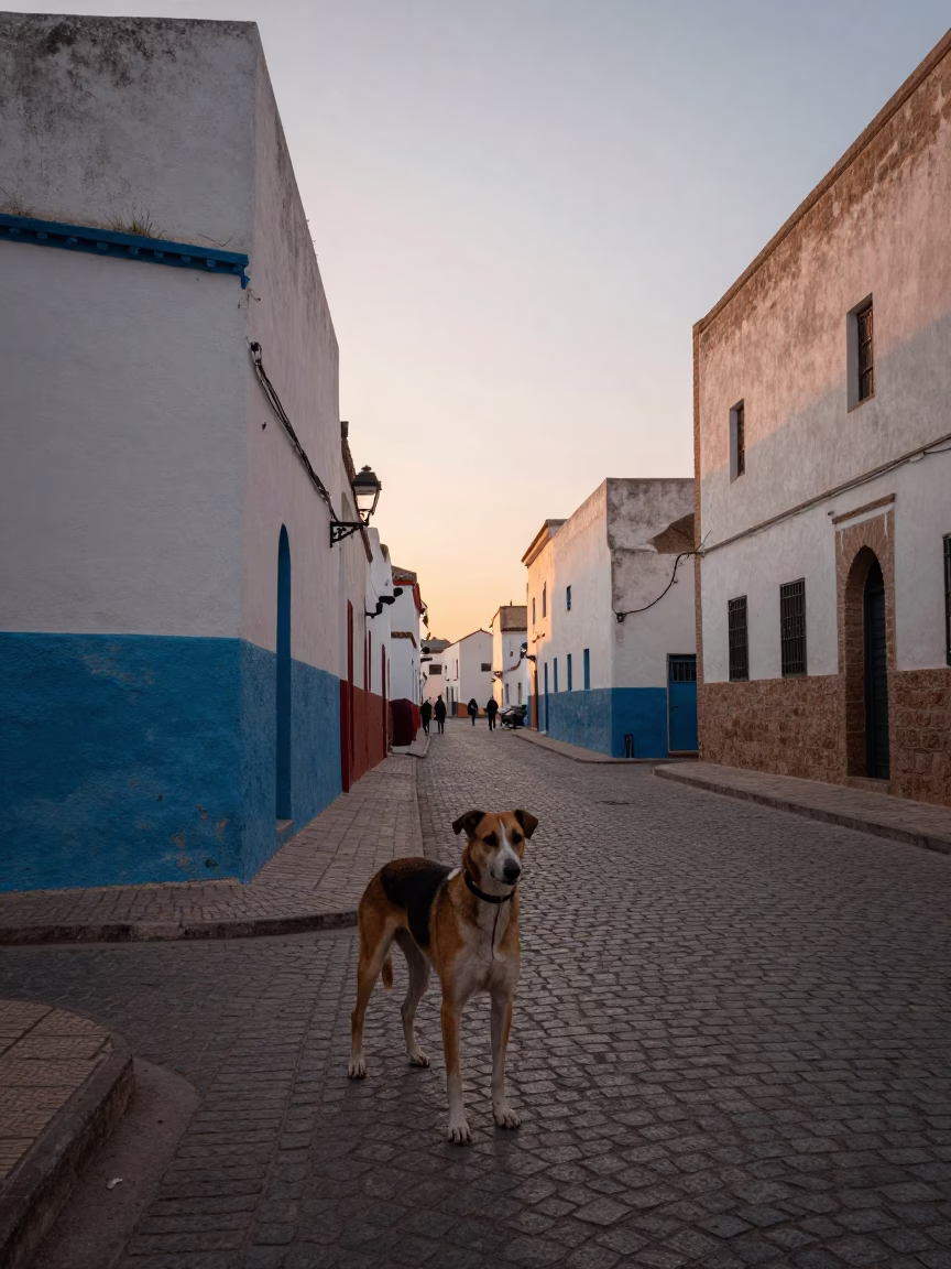 Essaouira Morocco Dawn Street Scene with Ibizan Hound and Local Bakery, Early Morning Light in in Essaouira, Morocco