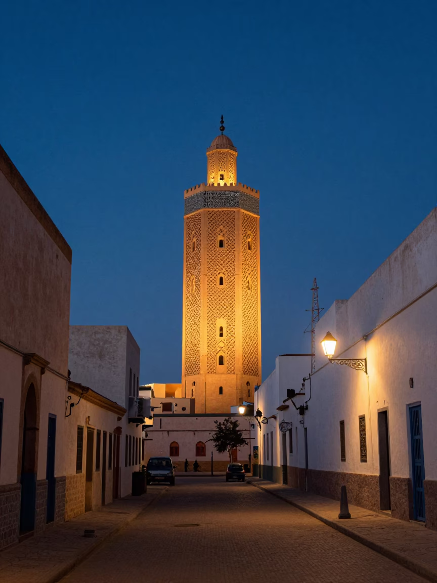Essaouira Morocco Dawn Street Scene with Lattice Tower and Heritage Tram in in Essaouira, Morocco