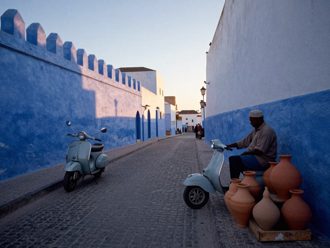 Essaouira Morocco Dawn Street Scene with Vintage Vespa and Clay Pots in in Essaouira, Morocco