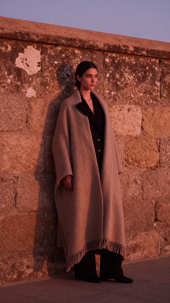 Essaouira Morocco Dusk High Fashion Portrait with Wool Blanket on Ancient Stone Wall in in Essaouira, Morocco