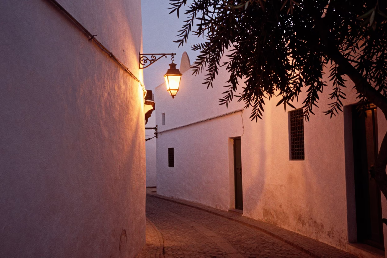 Essaouira Morocco Dusk Street Scene with Lantern and Olive Branch in in Essaouira, Morocco