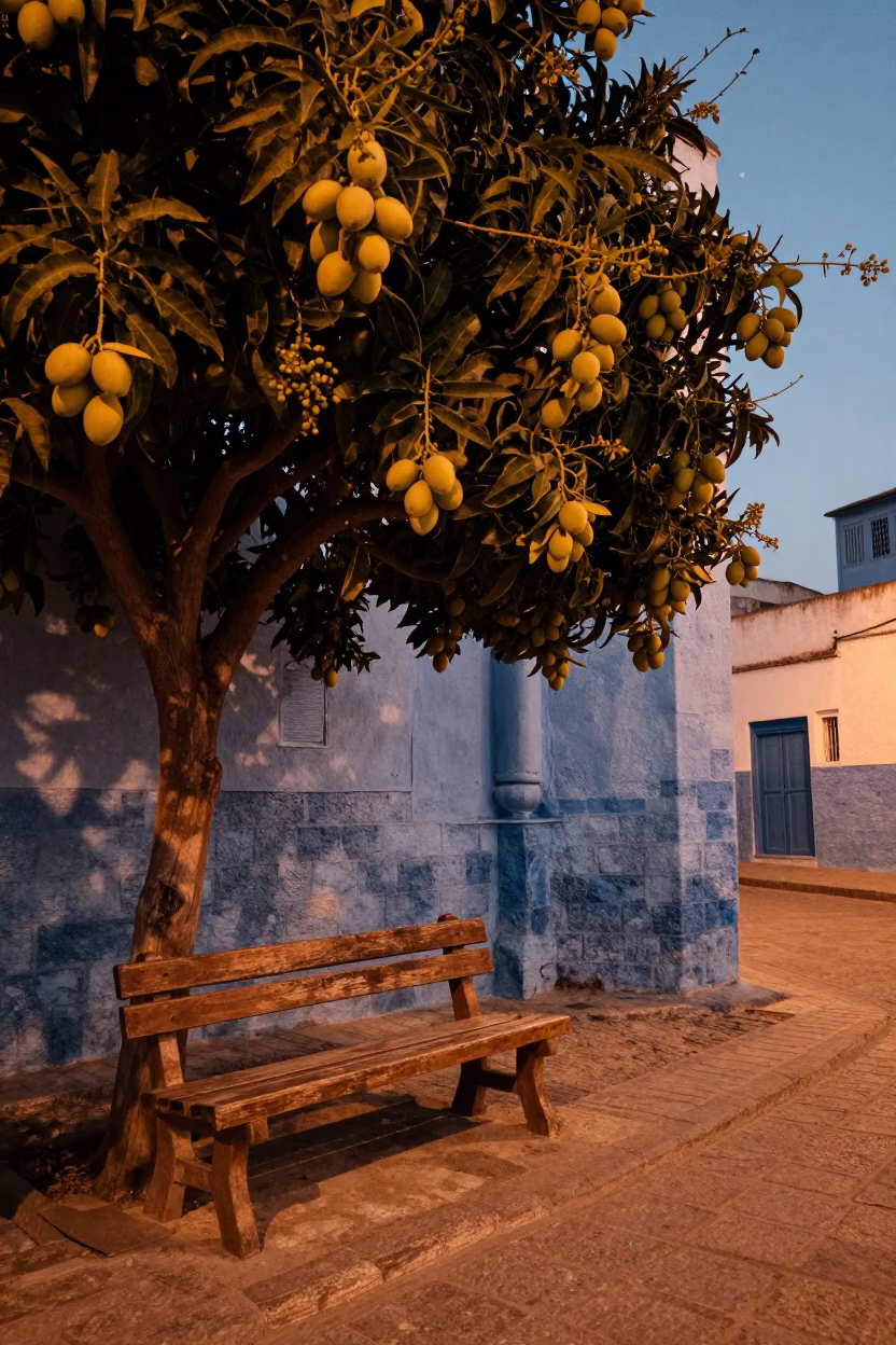 Essaouira Morocco Dusk Street Scene with Mango Tree and Bench Scratches in in Essaouira, Morocco