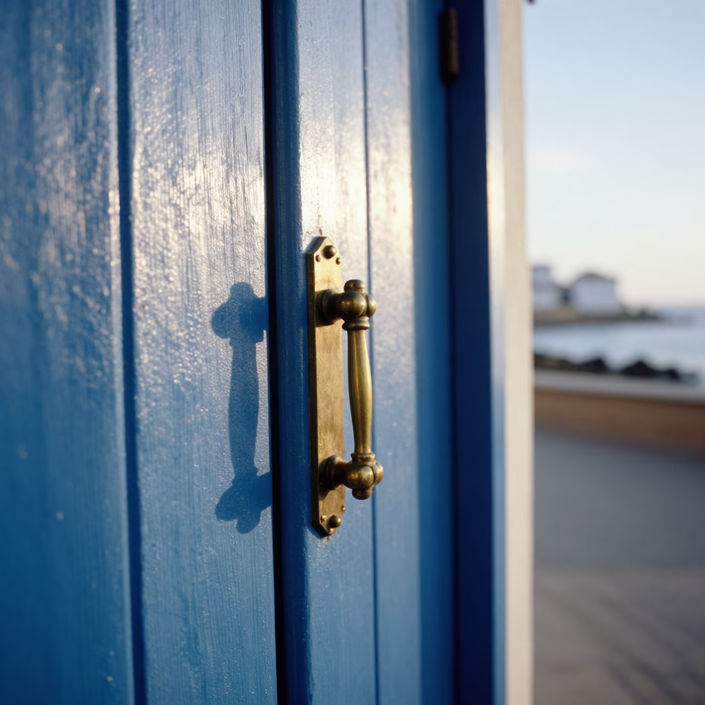 Essaouira Morocco Early Afternoon Blue Gate Handle and Coastal Street Scene in in Essaouira, Morocco