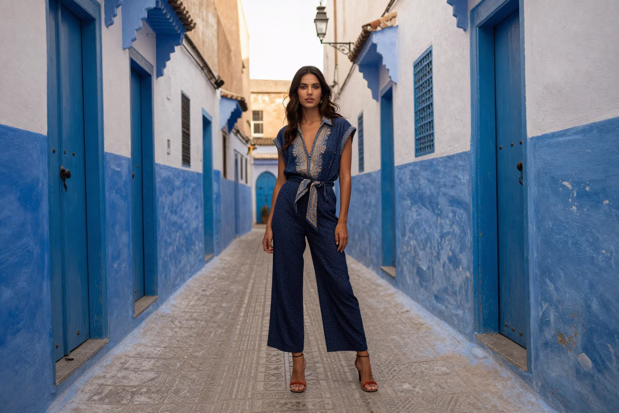 Essaouira Morocco Early Afternoon High Fashion Portrait in Blue Medina Alleyway in in Essaouira, Morocco